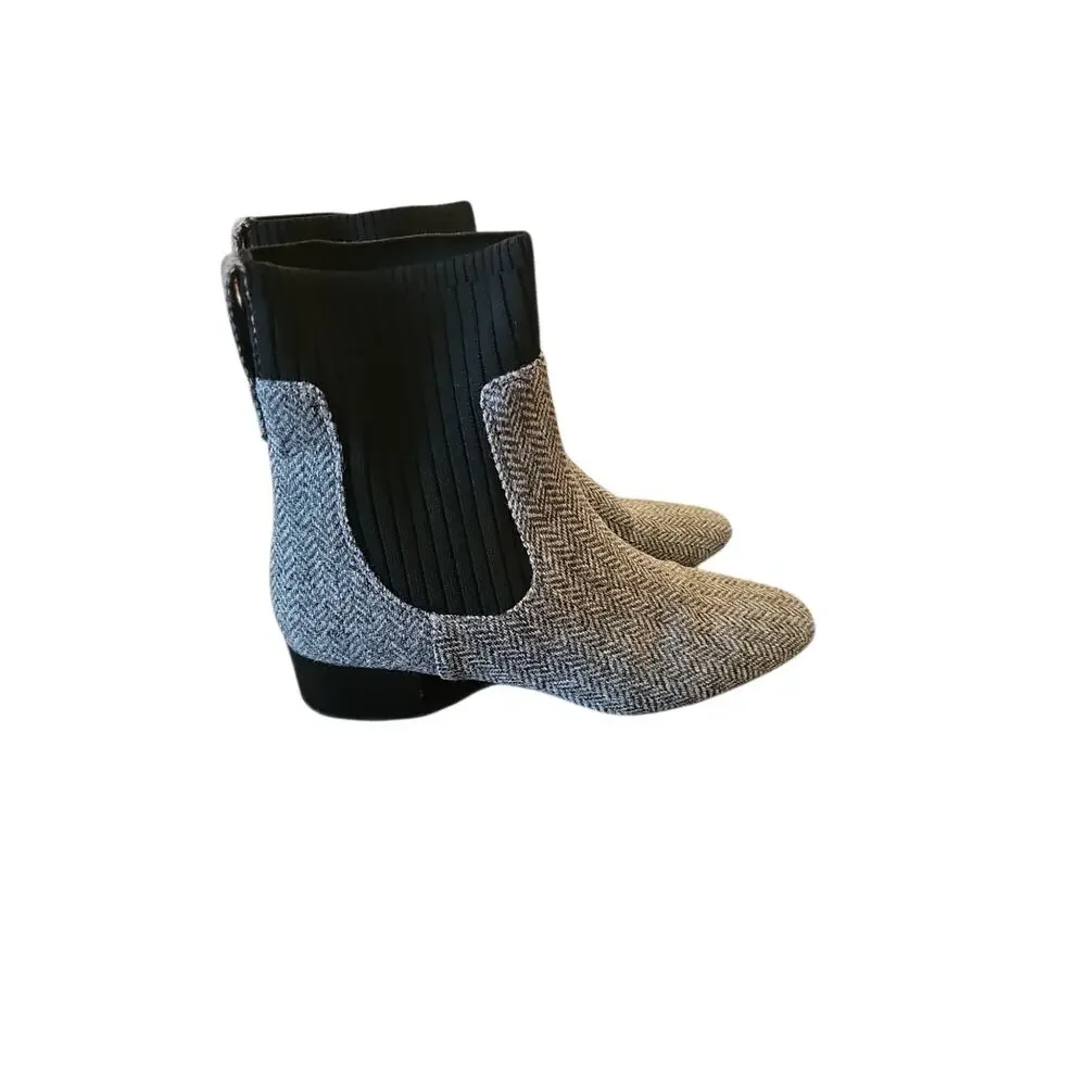J. Crew Ribbed-shaft herringbone boots sz 9 black white wool knit ankle bootie